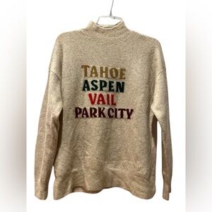 Lou & Grey Beige Turtleneck Sweater with Multicolor Text